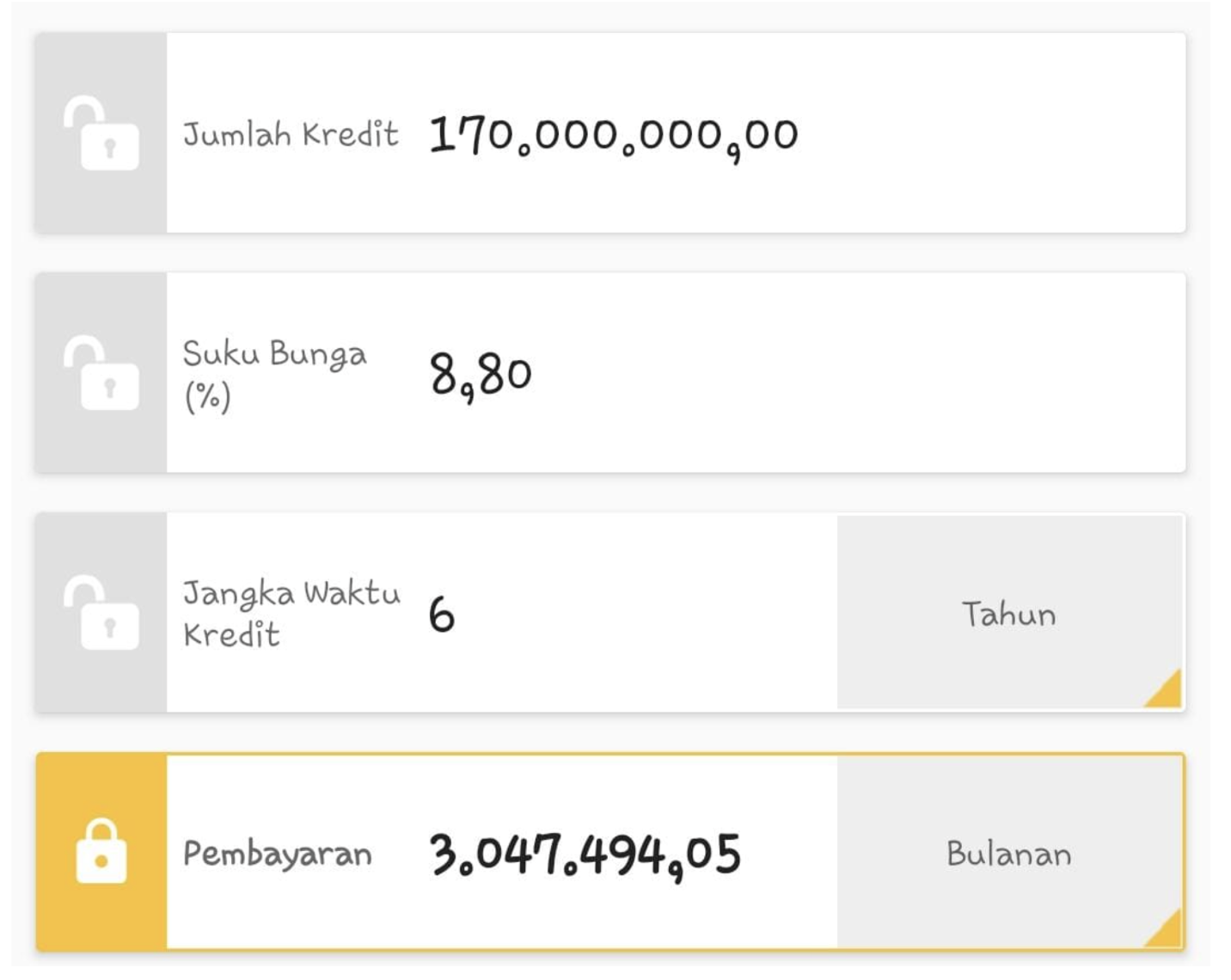 Screenshot jumlah kredit, suku bunga, tenor, dan pembayaran bulanan