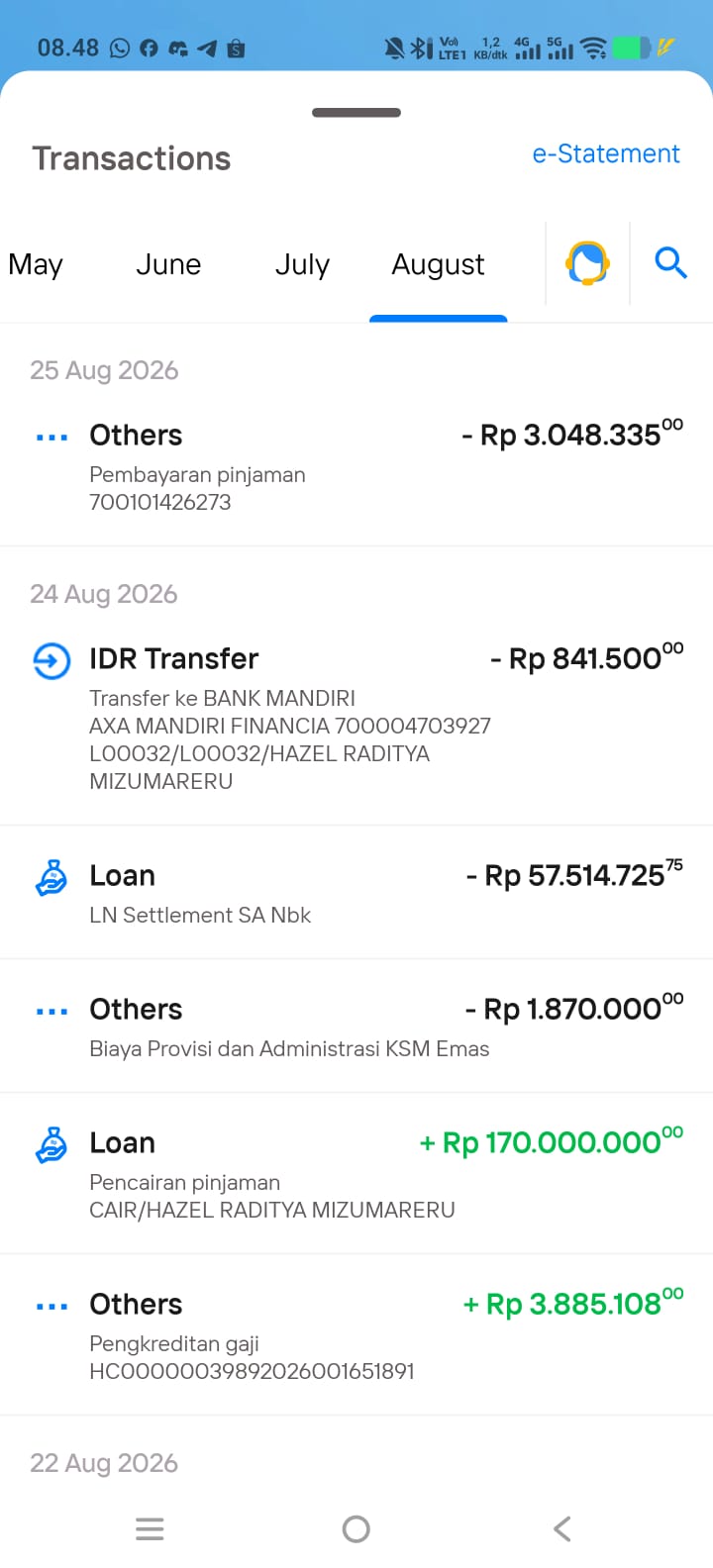 Screenshot transaksi pencairan dan pemotongan